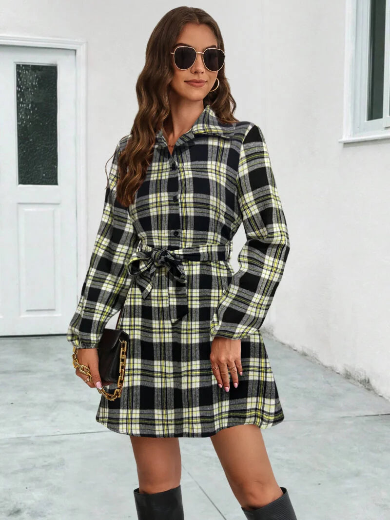 Balloon Sleeve Checked Shirt Dress