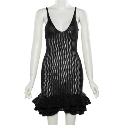 Sexy Hollowed Out Wooden Ear Side Knitted Straps Hip Dress