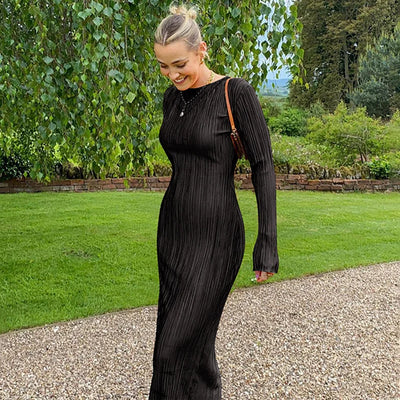 Solid Color Round Neck Long Sleeve Slim Dress