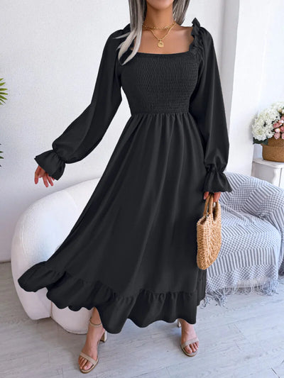 Casual Square Neck Flared Skirt With Large Swing Ruffle Long Skirt