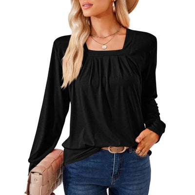 Solid Color Square Collar Ruffle Jacquard Long Sleeved Loose T-Shirt Woman