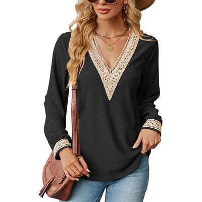 New Lace Stitching V Neck Loose Long Sleeved T-Shirt Blouse