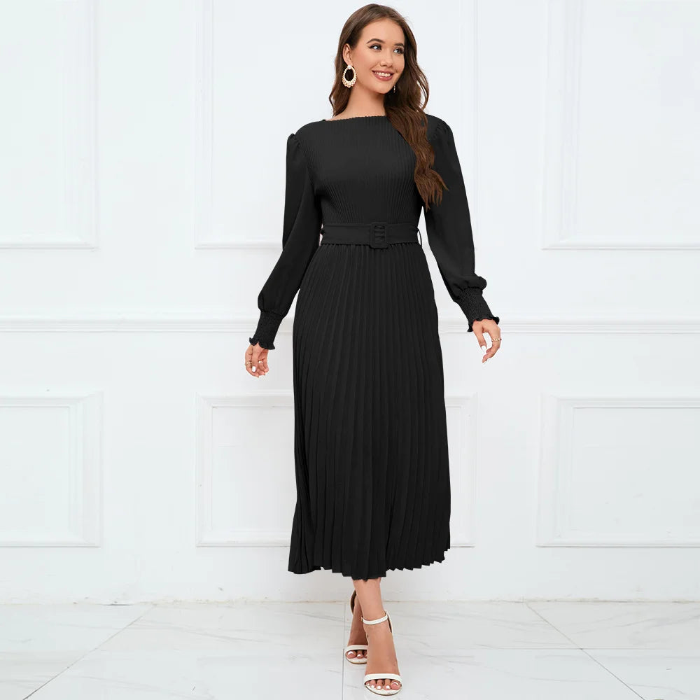 Round Neck Long Sleeve Pleated Flared Skirt Dress