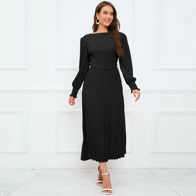 Round Neck Long Sleeve Pleated Flared Skirt Dress