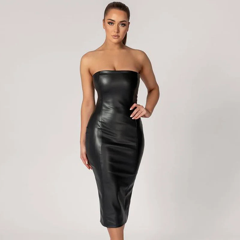 Solid Color Leather Fashion Temperament Slim Bandeau Back Slit Skirt Women’s Dress