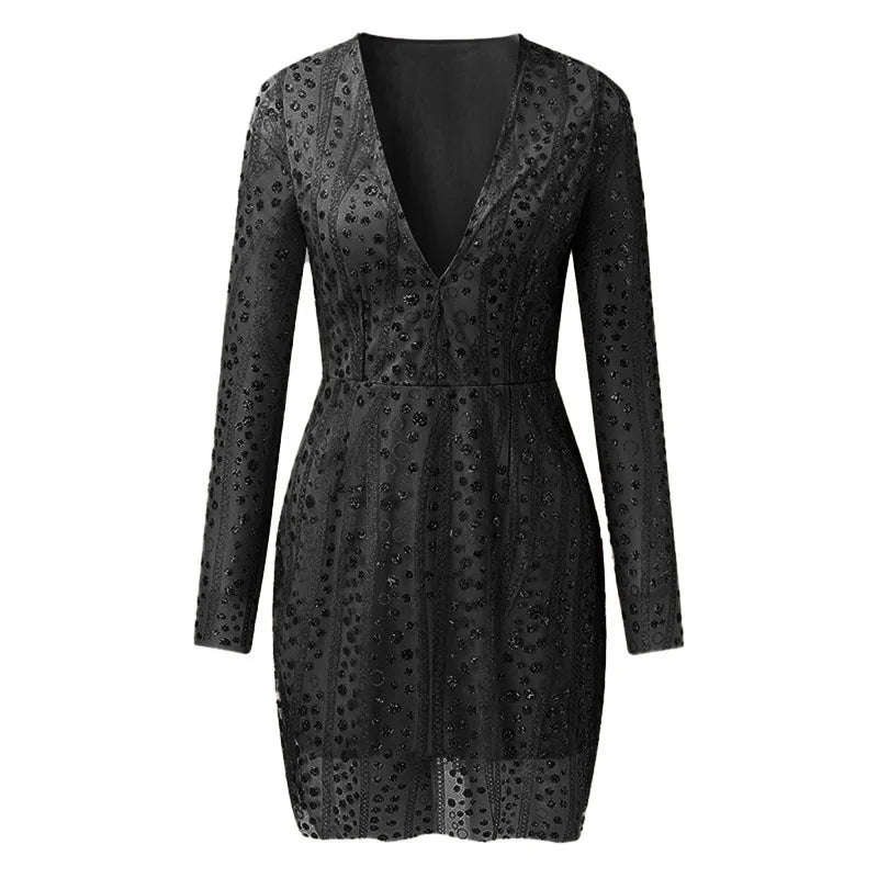 V Long Sleeve Sequin Dress Short Dress