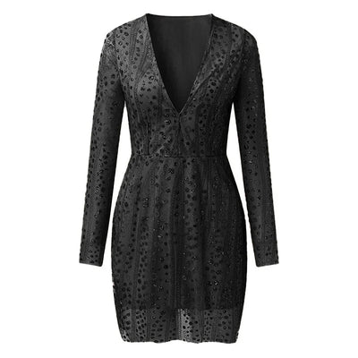 V Long Sleeve Sequin Dress Short Dress