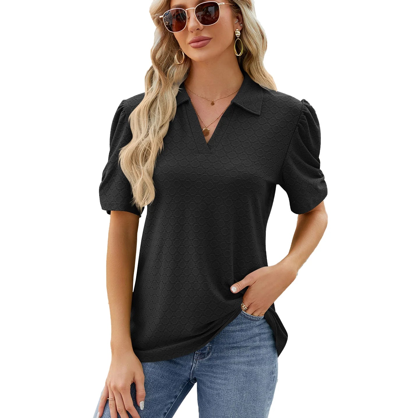 Style Solid Color V Neck Short Sleeved Loose T-Shirt Blouse