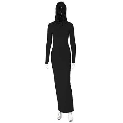 Hooded Back Slit Solid Color Dress