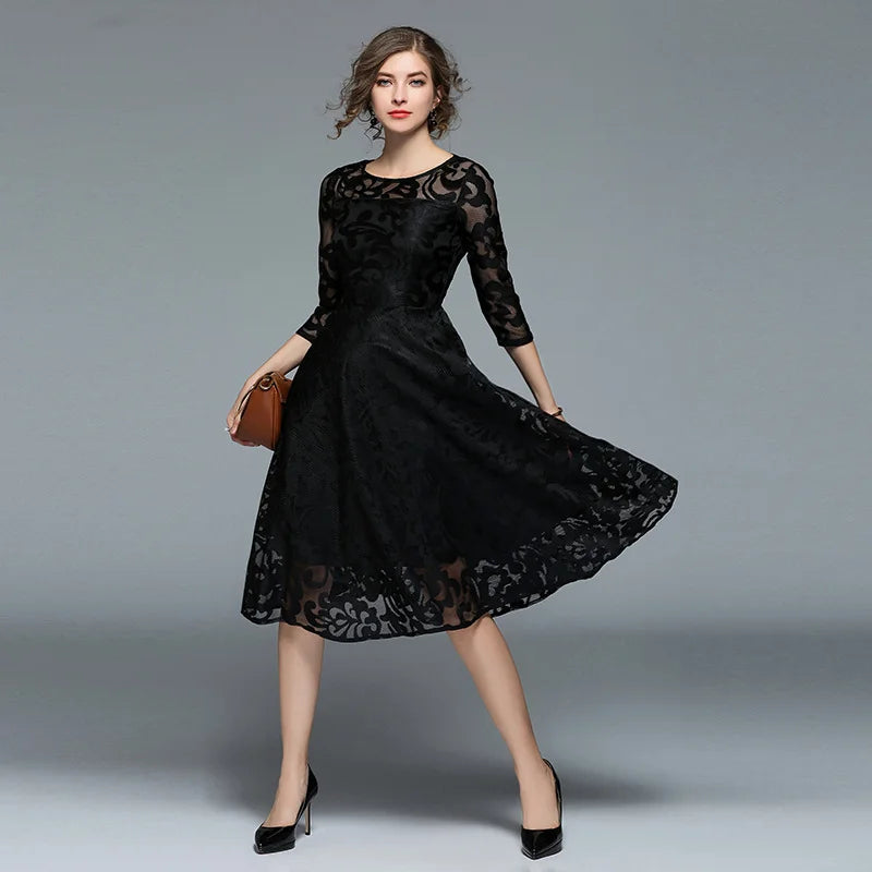 Slim Mid Length Lace Flared Dress