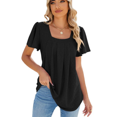 Pure Color Square Collar Wrinkled Short Sleeved Loose T-Shirt Blouse