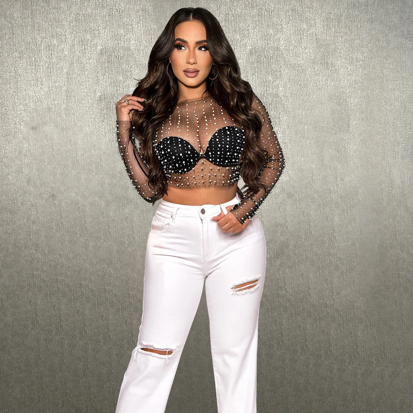 Mesh Hot Diamond Long Sleeved Top