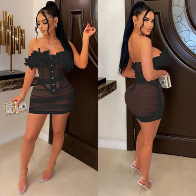 Two Piece Set With Pleated Skirt And Feather Lace Vest