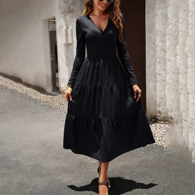 Long Skirt Temperament Commuter V Neck Long Sleeve Temperament Elegant Dress