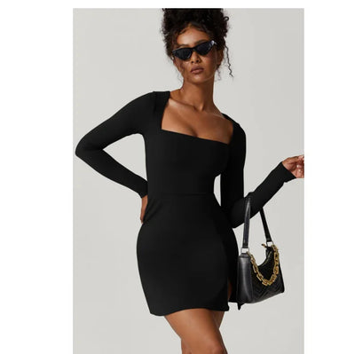 Tight fitting corset long sleeved slit flared mini dress