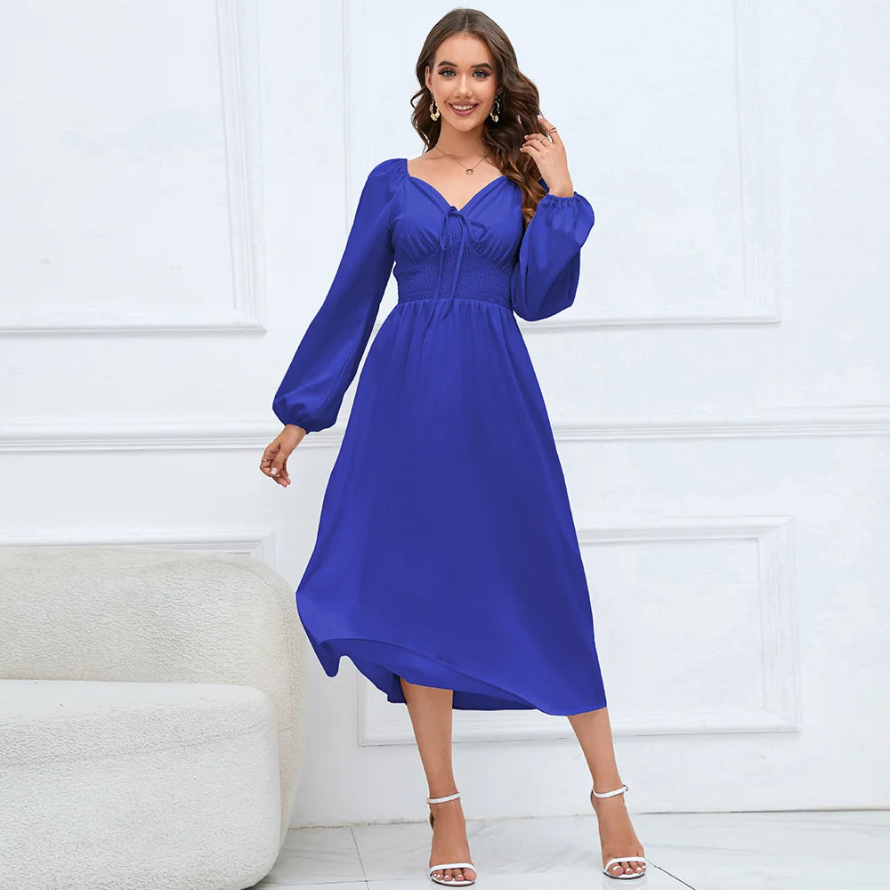 V Collar Slim T Long Sleeved Dress