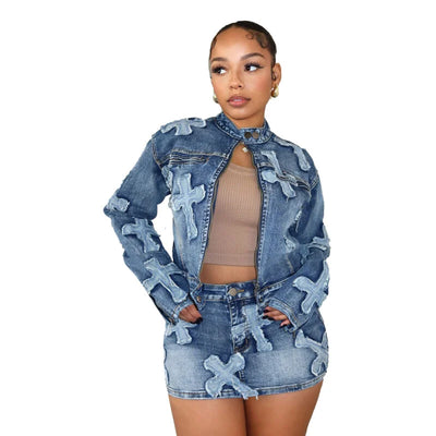 Embroidered Short Skirt Jacket Set