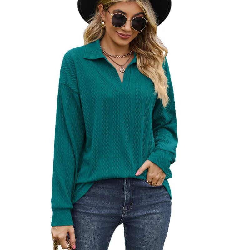 Style Solid Color Lapel Loose Long Sleeved Sweater Coat Blouse