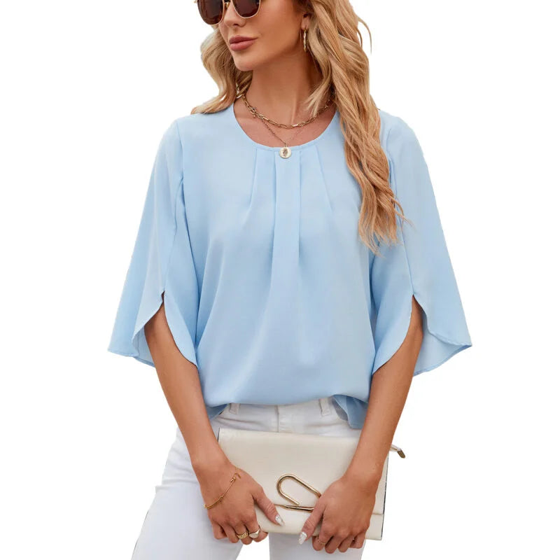 Solid Color Round Collar Five Short Sleeved Loose Chiffon Blouse