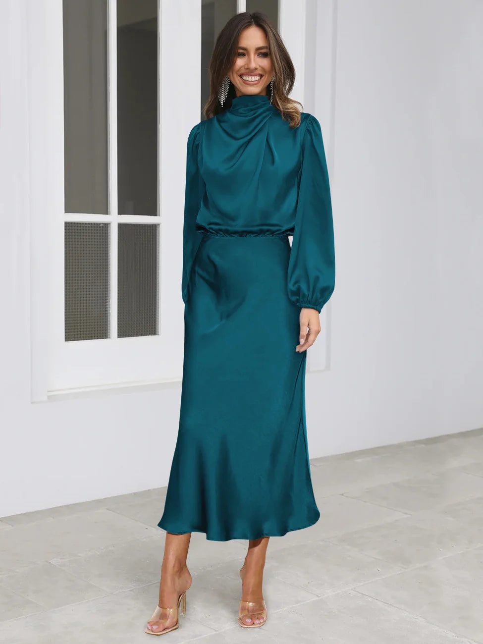 High Class Feeling Satin Long Sleeved Loose Dress