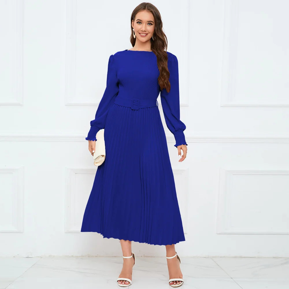 Round Neck Long Sleeve Pleated Flared Skirt Dress