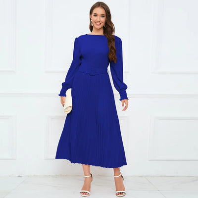 Round Neck Long Sleeve Pleated Flared Skirt Dress