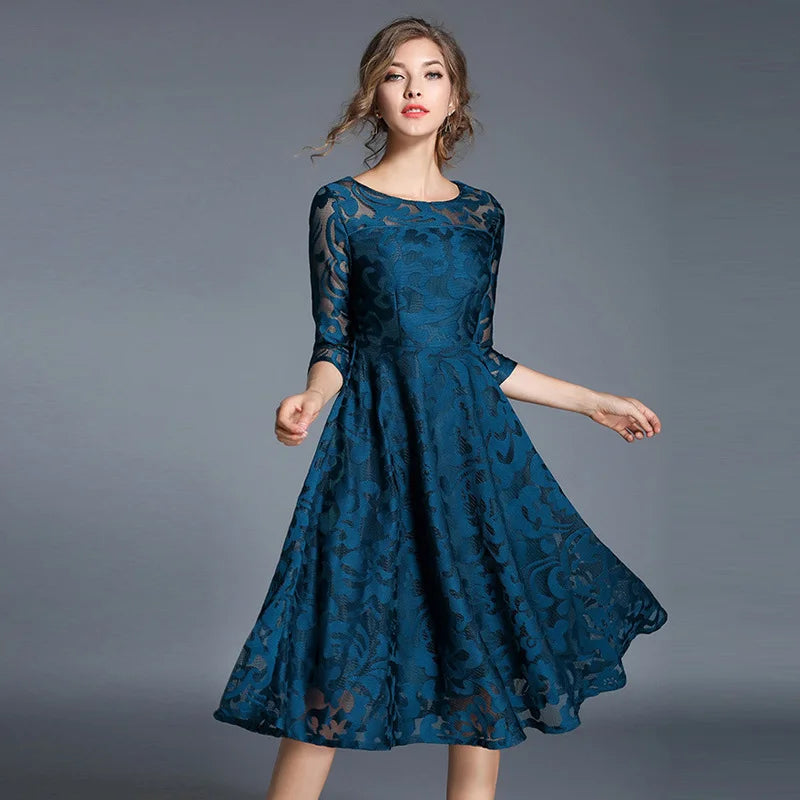 Slim Mid Length Lace Flared Dress