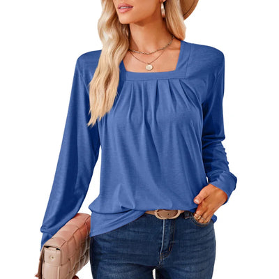 Solid Color Square Collar Ruffle Jacquard Long Sleeved Loose T-Shirt Woman
