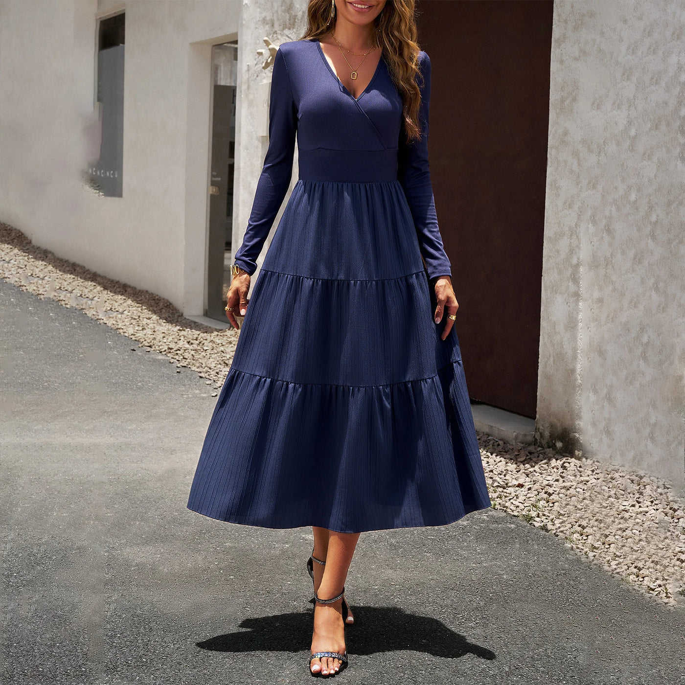 Long Skirt Temperament Commuter V Neck Long Sleeve Temperament Elegant Dress