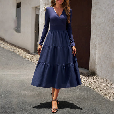 Long Skirt Temperament Commuter V Neck Long Sleeve Temperament Elegant Dress