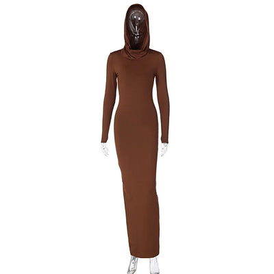 Hooded Back Slit Solid Color Dress