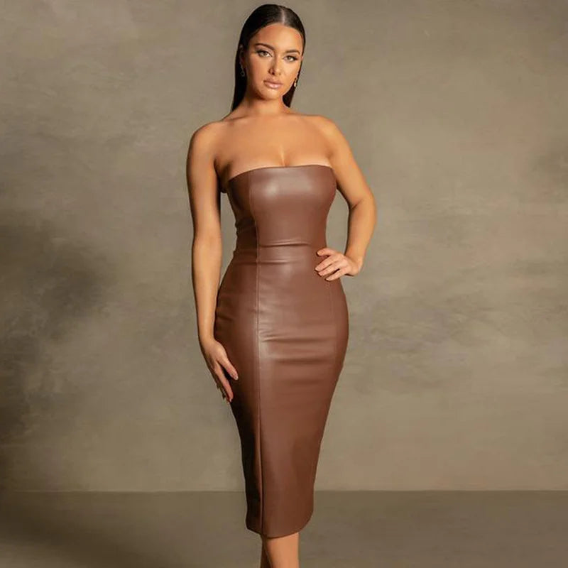 Solid Color Leather Fashion Temperament Slim Bandeau Back Slit Skirt Women’s Dress