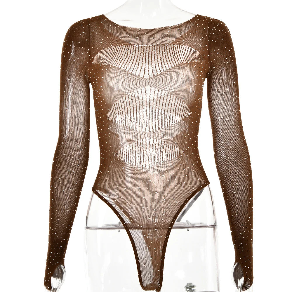 Hottie High Stretch Knit Sheer Long Sleeve Cutout Hot Diamond Jumpsuit Woman