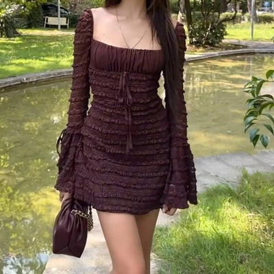 Short Square Neck Dress With Flared Sleeves Tight Skirt