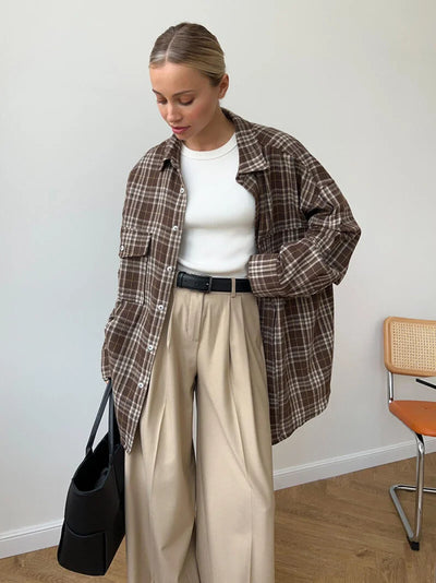 Style Retro Double Pocket Check Striped Mid Length Shirt