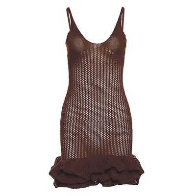 Sexy Hollowed Out Wooden Ear Side Knitted Straps Hip Dress