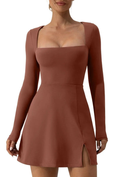 Tight fitting corset long sleeved slit flared mini dress