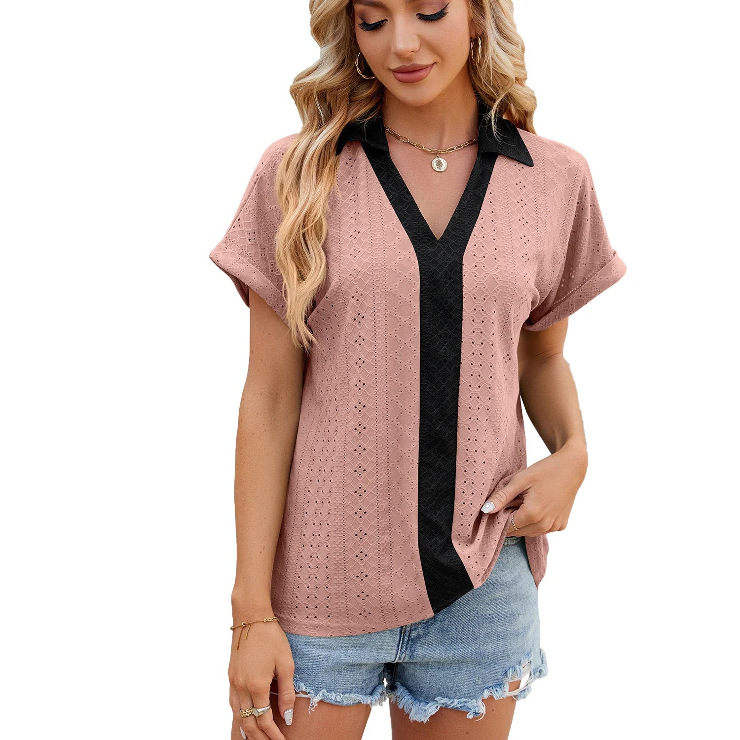 New V Neck Color Colliding Short Sleeved Loose T-Shirt Blouse