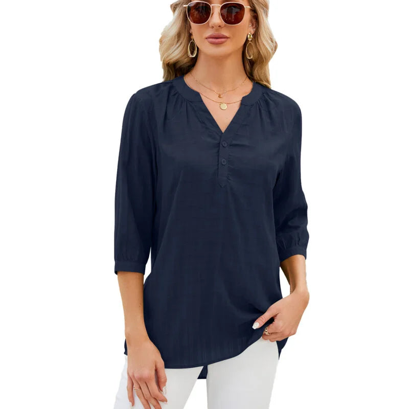 V Collar Loose Five Sleeve Blouse Woman