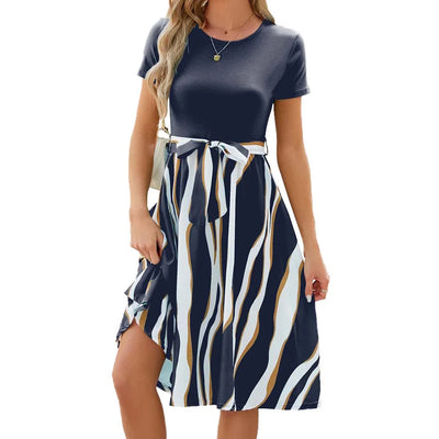 Round Neck Stitching Printed Short Sleeved Large Swing Dress Spot