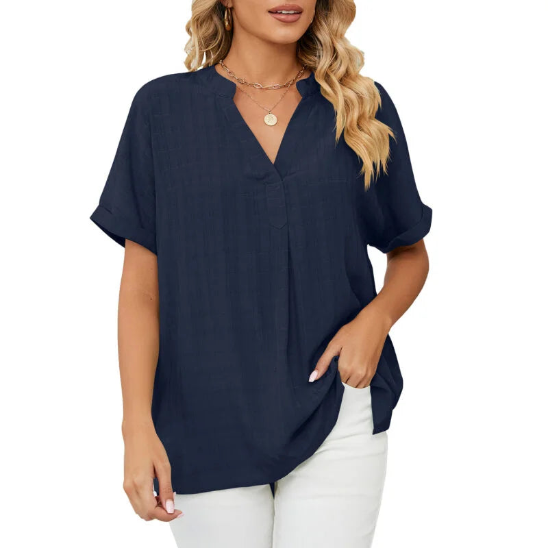 Cross Border New Thin V Neck Casual Sleeve Solid Color Blouse