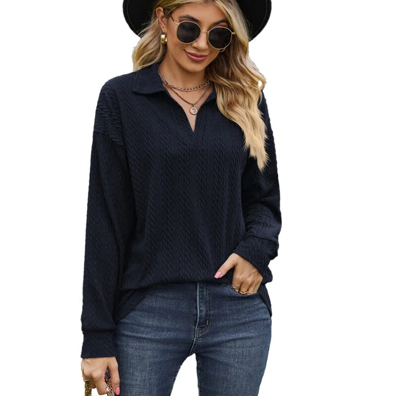 Style Solid Color Lapel Loose Long Sleeved Sweater Coat Blouse