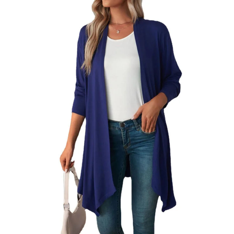 Pure Color Long Sleeved Cardigan Coat Long Blouse Woman