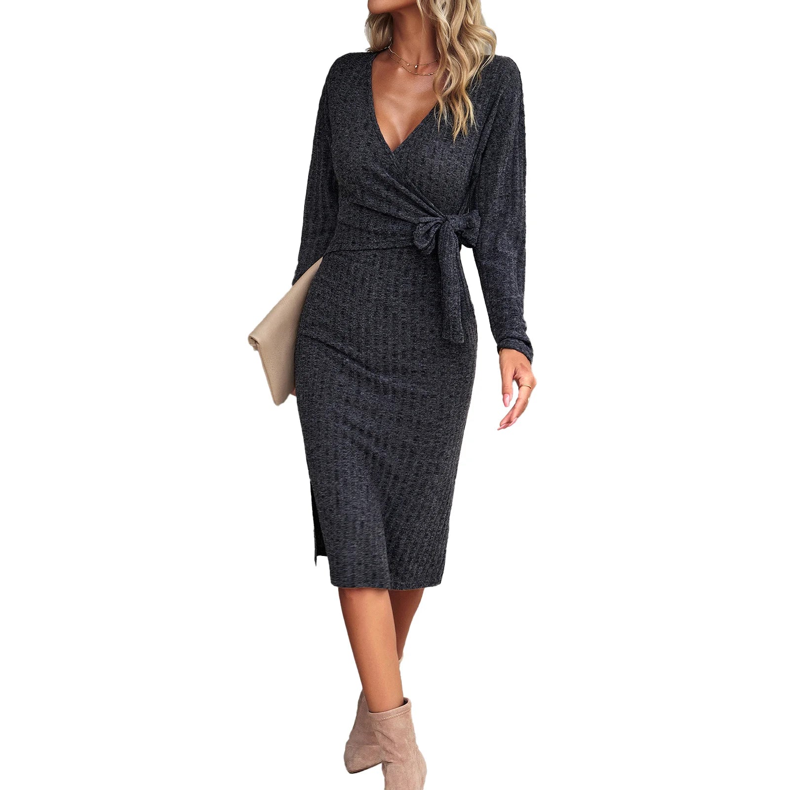 Women’s V Neck Long Sleeved Knitted Lace Up Dress