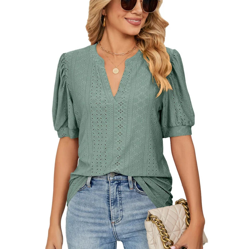 V Neck Solid Color Hollow Bubble Sleeve Loose T-Shirt Blouse