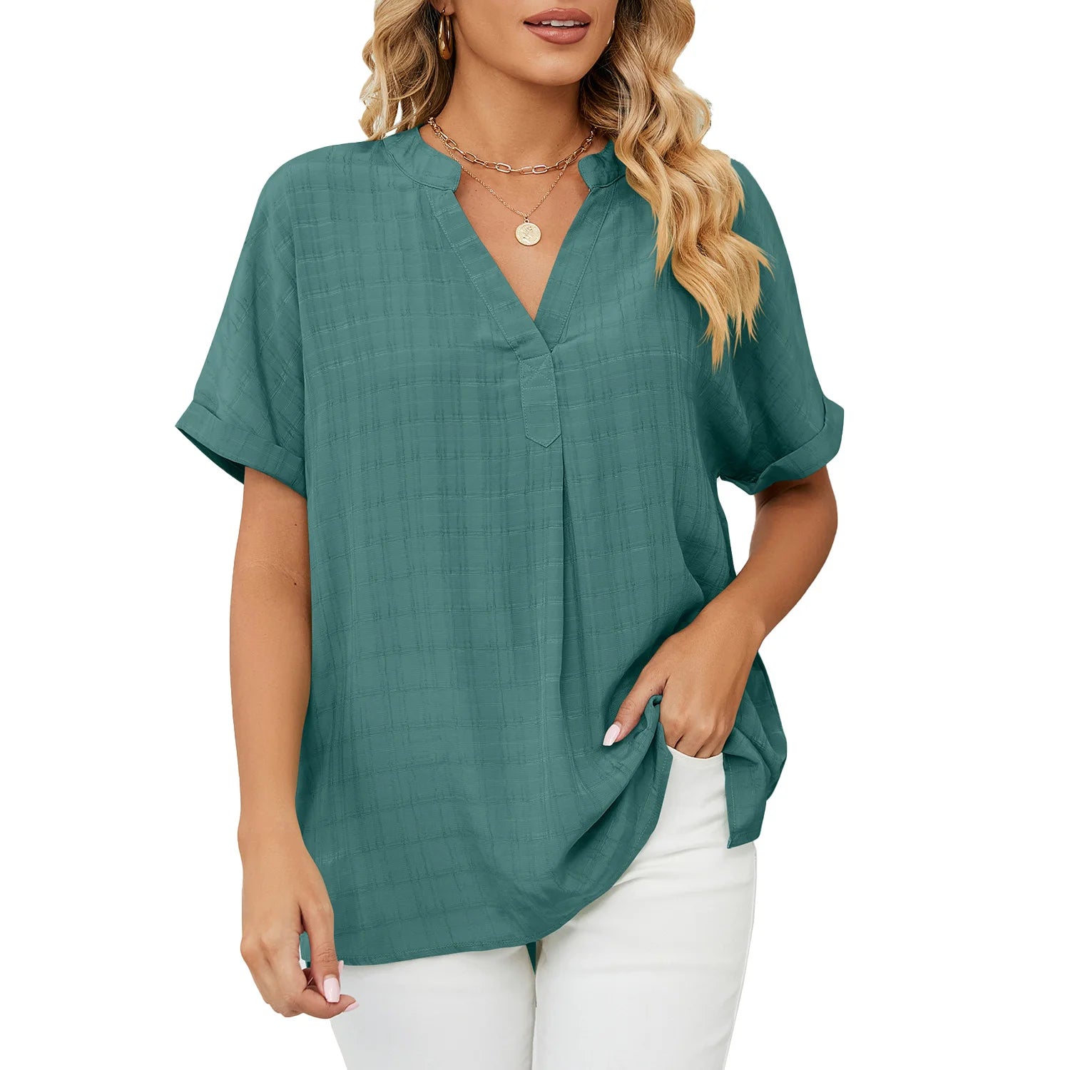 Cross Border New Thin V Neck Casual Sleeve Solid Color Blouse