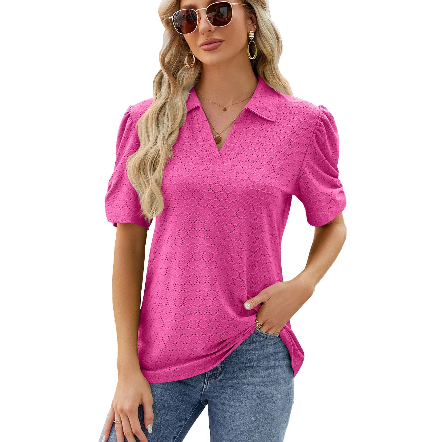 Style Solid Color V Neck Short Sleeved Loose T-Shirt Blouse