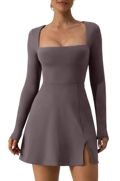 Tight fitting corset long sleeved slit flared mini dress