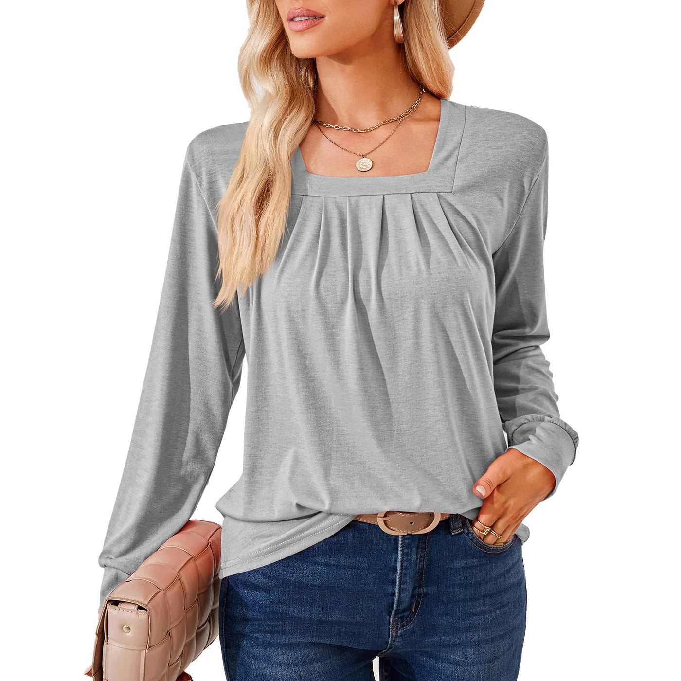 Solid Color Square Collar Ruffle Jacquard Long Sleeved Loose T-Shirt Woman