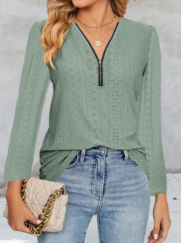 Solid Color Jacquard Zippered Long Sleeved T-Shirt Top